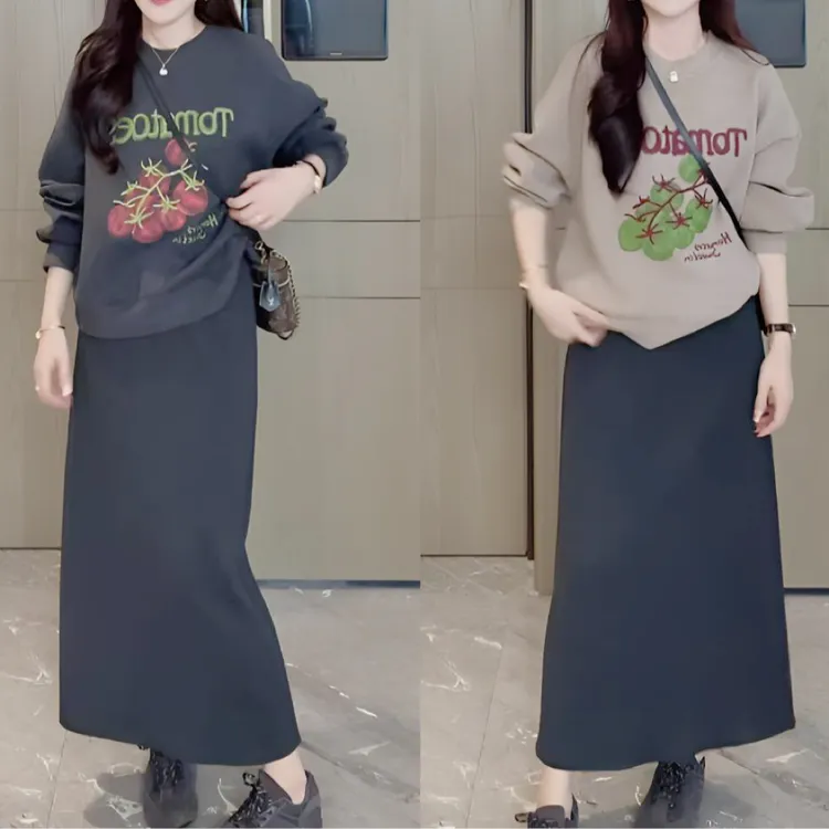 2025秋季新款时尚百搭小番茄印花套头卫衣高腰后开叉半身裙两件套