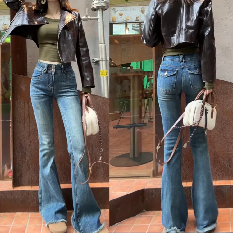 复古毛边腰排扣秋冬加绒中腰微喇叭提臀修身百搭弹力牛仔裤