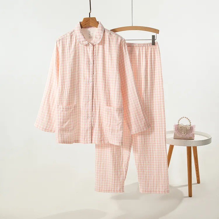 糖果色纯棉格子双层纱布大码无印睡衣女长袖透气四季款全棉家居服