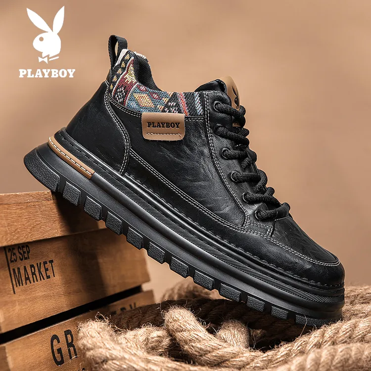 PLAYBOY/花花公子马丁靴男秋季新款板鞋黑色短靴男士中帮休闲皮鞋