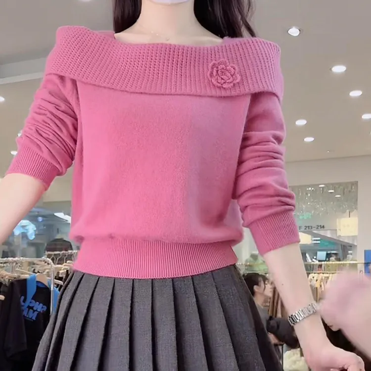 韩系爆款法式温柔气质一字肩显瘦软糯毛衣女百搭时尚显瘦针织打底