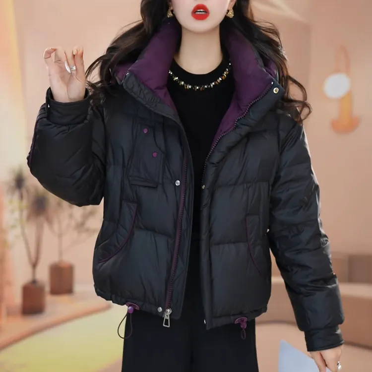 小个子短款连帽黑色羽绒服女冬季2025新款轻薄保暖白鸭绒休闲外套