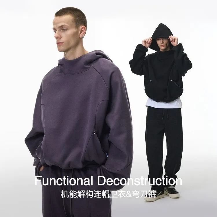 ChicSoso冬季机能解构加厚加绒纯色卫衣套装蛋壳绒连帽衫弯刀卫裤