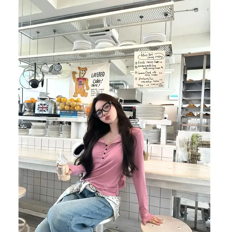 （有运险）1219-长袖T恤女撞色排扣超舒服面料修身韩版内搭打底衫女