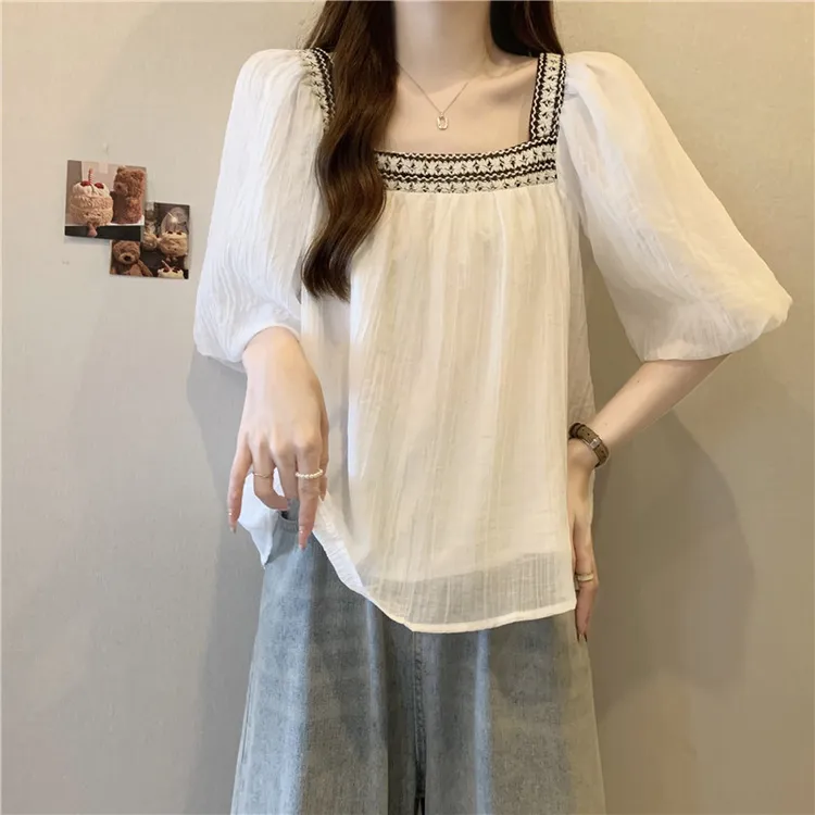 大码甜美减龄方领泡泡袖雪纺衬衫女夏季胖MM遮肚小衫哇哇衫上衣
