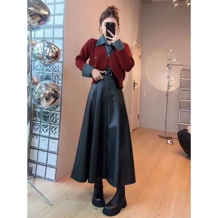 韩系穿搭一整套2025新款假两件红色毛衣女秋冬半身裙皮裙两件套