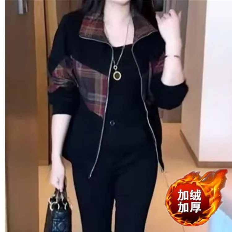 妈妈装秋季休闲格子夹克衫时尚洋气拼接上衣中年女士春秋显瘦外套