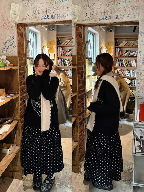 大码猫狗爱心提花毛衣波点松紧腰高腰a字裙两件套8077