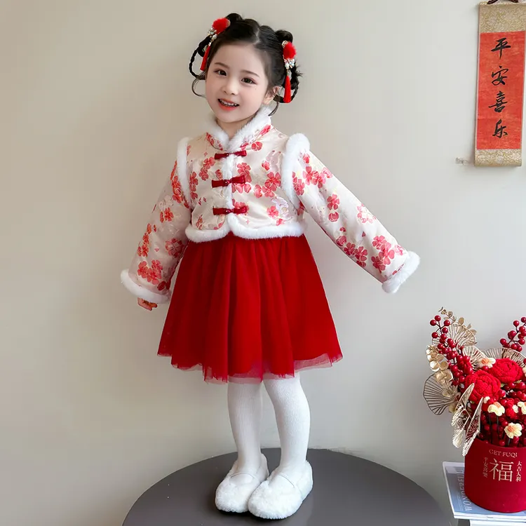女童盘扣汉服裙秋冬季女宝宝中国风旗袍裙冬款儿童中式加厚年服裙