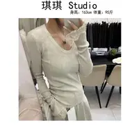 《琪琪家》秋季新款设计感袖口拼接蕾丝花边舒适亲肤针织上衣2525-H