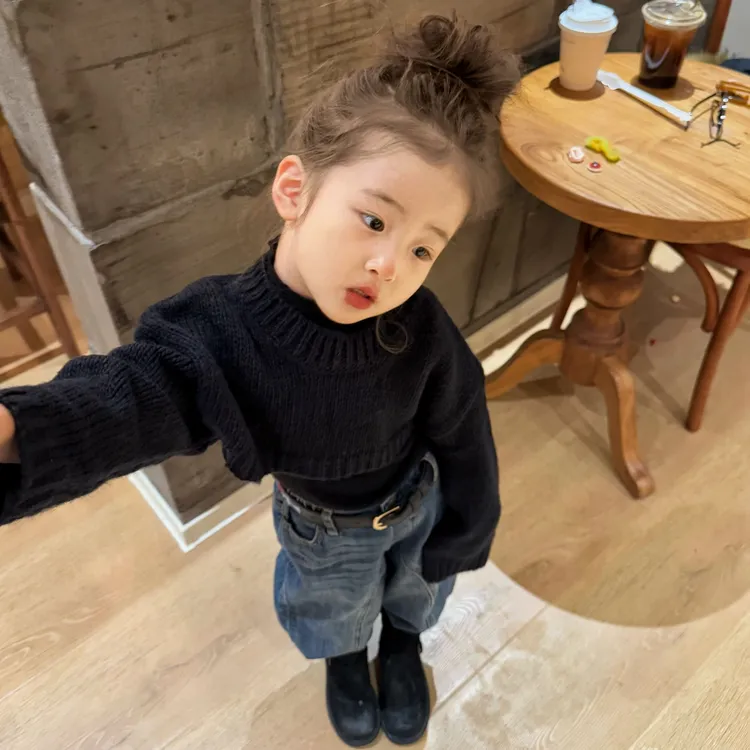 甜小七女童25秋冬新韩版洋气半高领打底衫短款套头毛衣牛仔裤套装