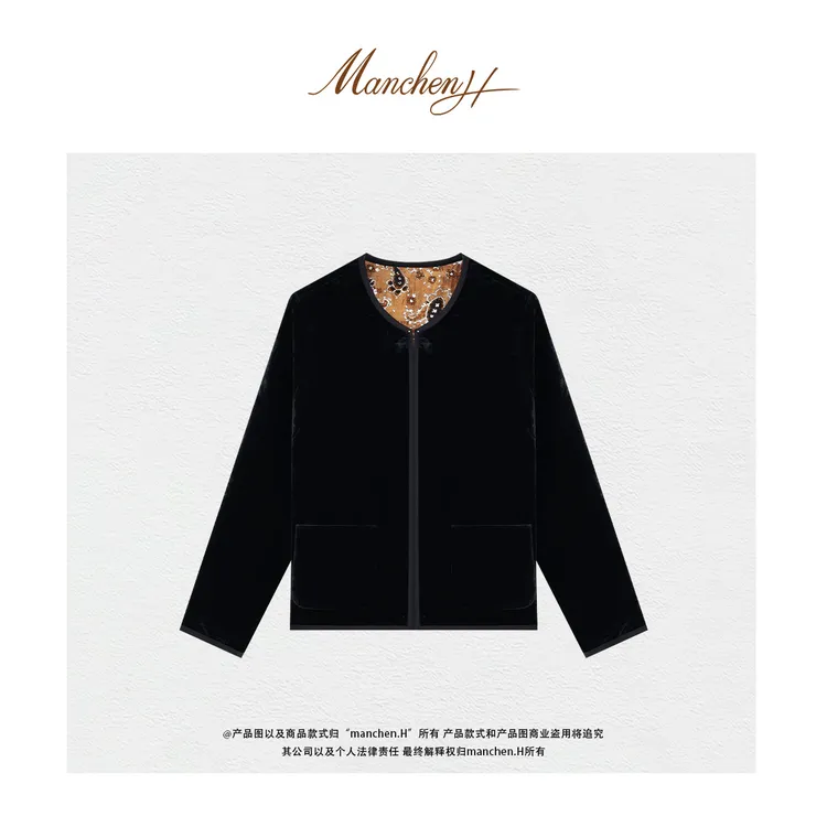 Manchenh"丝绒魅影"重磅桑蚕丝丝绒拼丝绵腰果花两穿夹棉外套