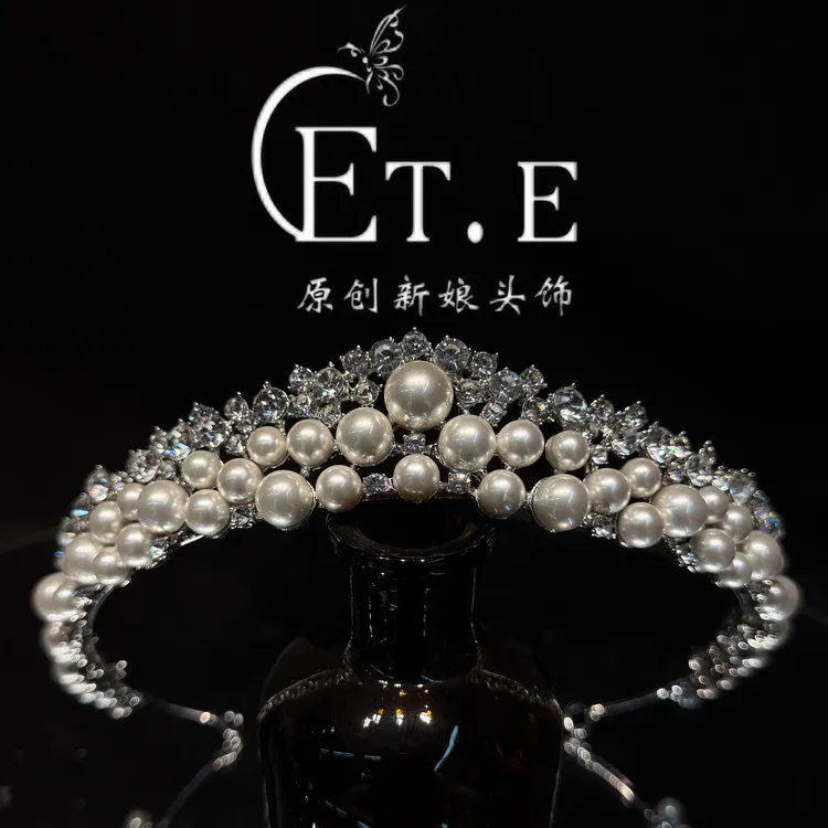 铜合金婚庆饰品 ETE ST1-18175百搭精致珍珠缎面皇冠韩式公主冠