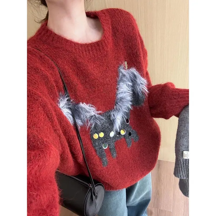 圣诞新年红色小马亮片毛衣女2025年冬新款可爱宽松百搭减龄针织衫
