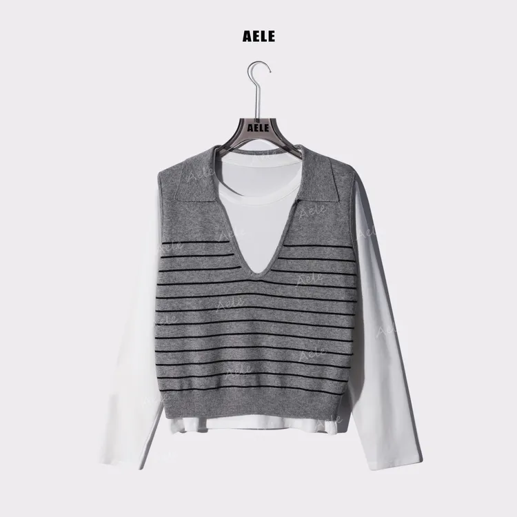 AELE极简休闲百搭长袖T恤+针织条纹背心 X853 3079 AD