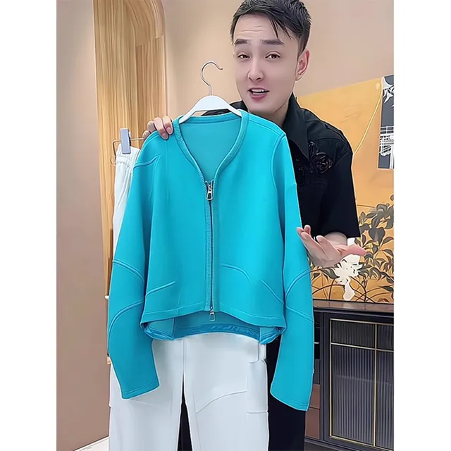 春秋独特别致慵懒风宽松蓝色拉链外套女设计感小众超好看长袖上衣