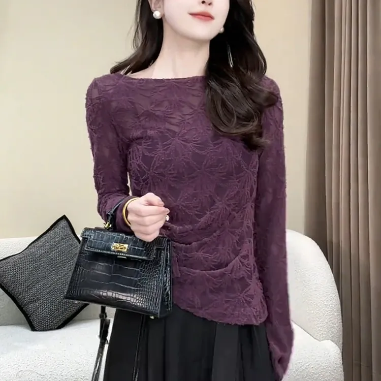 2025秋季新款紫色长袖T恤女时尚减龄修身显瘦洋气内搭打底衫上衣