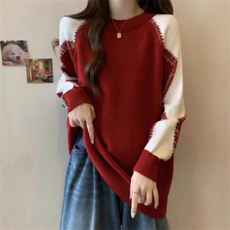 美式撞色圆领加厚毛衣女秋季新款大码微胖MM设计感上衣打底针织衫