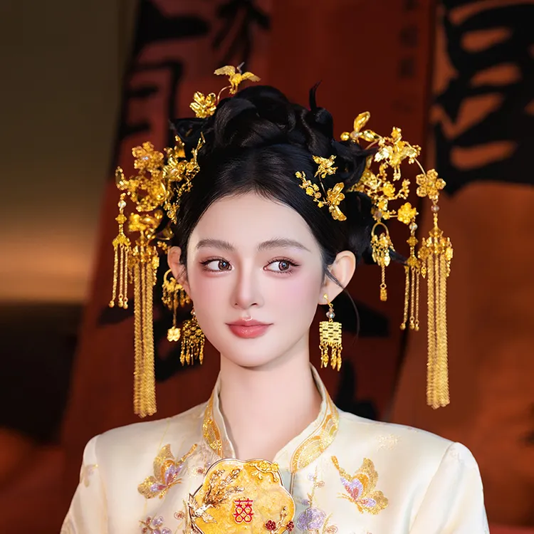 合金婚庆饰品 金色秀禾新娘花朵流苏发簪古风仙鹤结婚发饰MT0146