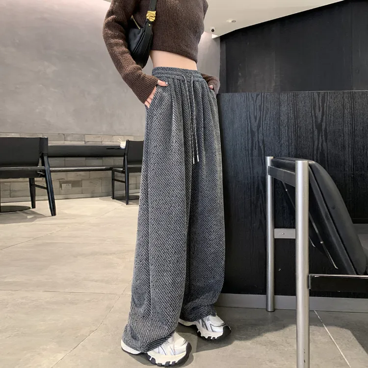 大码慵懒松弛灯芯绒裤子女秋冬高腰宽松拖地雪尼尔阔腿裤#6650