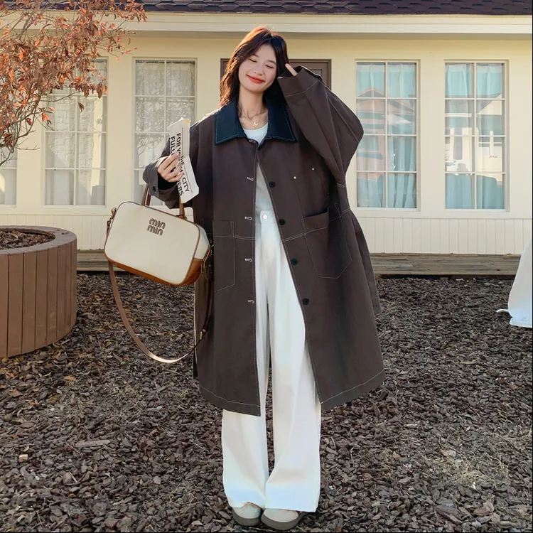 撞色翻领长款单排扣风衣外套女春秋2025新款显瘦巨好看高级感大衣