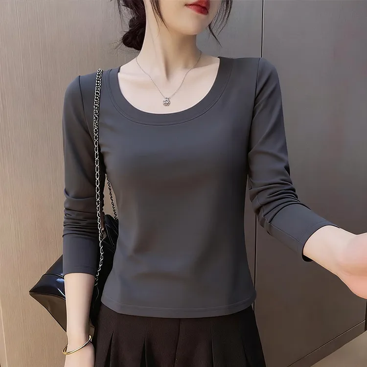 法式长袖打底衫T恤女秋季新款U领显瘦减龄遮肚内搭休闲百搭上衣服