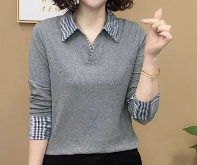 新款春秋时尚衬衫领纯色拼接休闲显瘦百搭气质套头减龄长袖打底衫