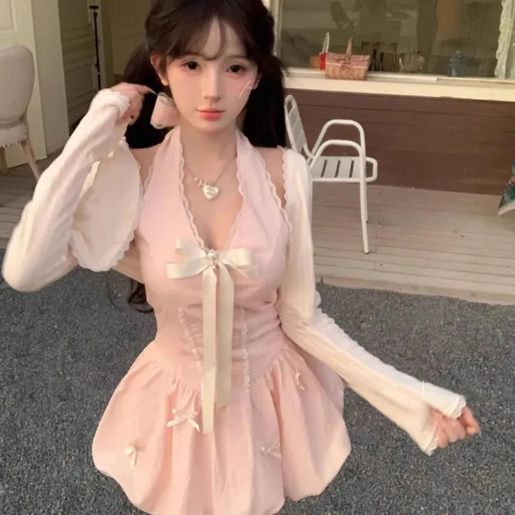 2025春季新款女装蝴蝶结公主蓬蓬纯欲风连衣裙显瘦开衫两件套短裙