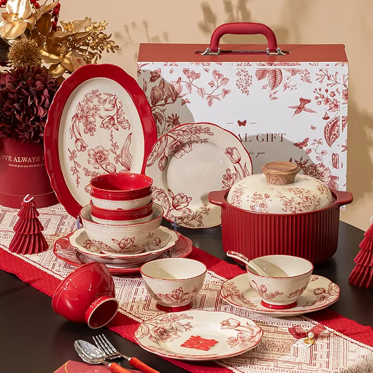 2026新年红色喜碗喜盘餐具全套新婚礼物送新娘乔迁之喜餐具套装