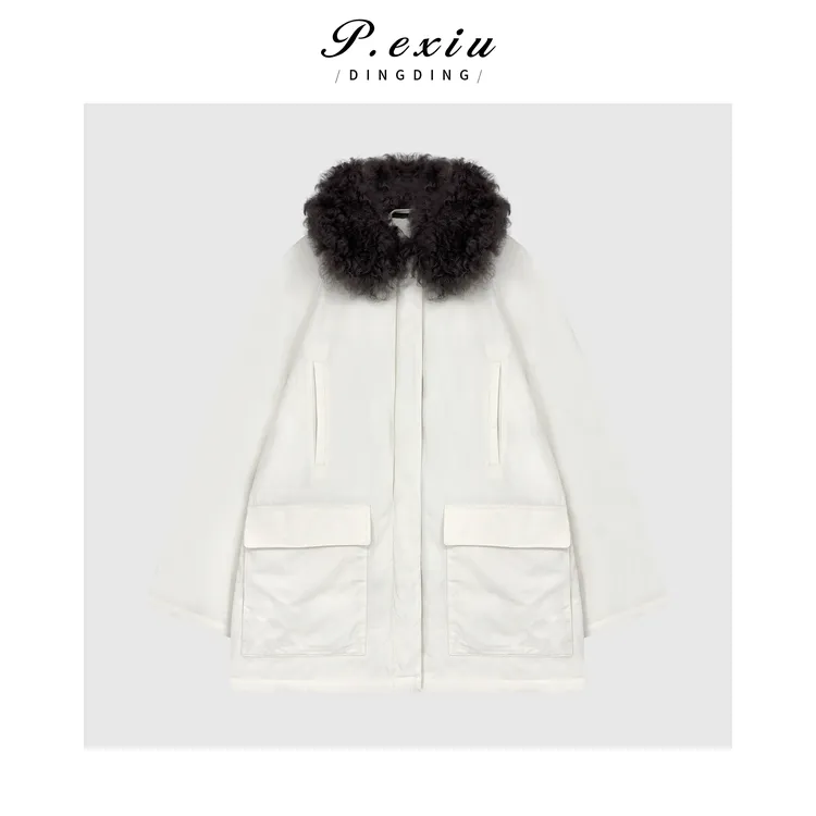 95%白鹅绒羊羔毛领巴恩风中长款鹅绒服 NY240