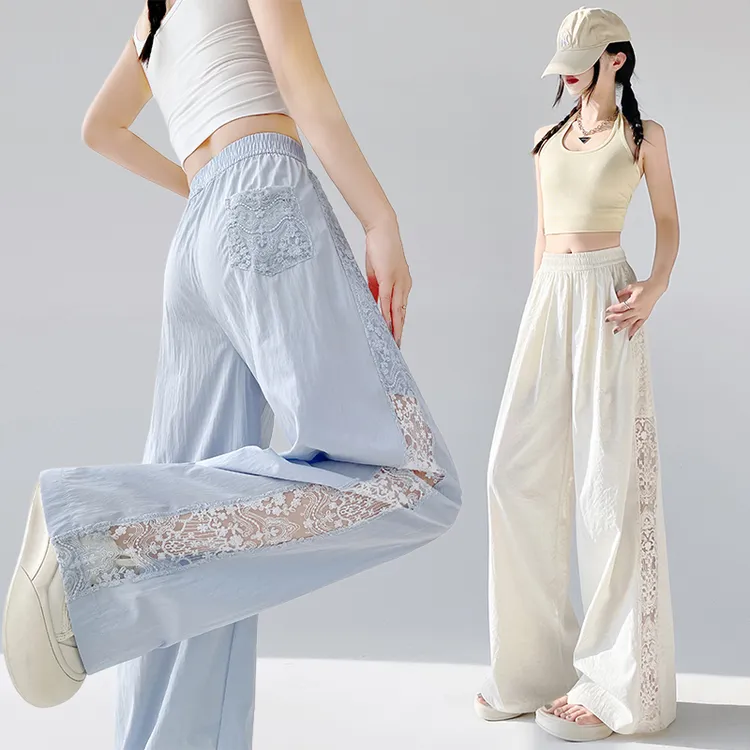 实拍蕾丝拼接镂空阔腿裤奶奶夏季2025新款高腰设计感冰丝休闲裤