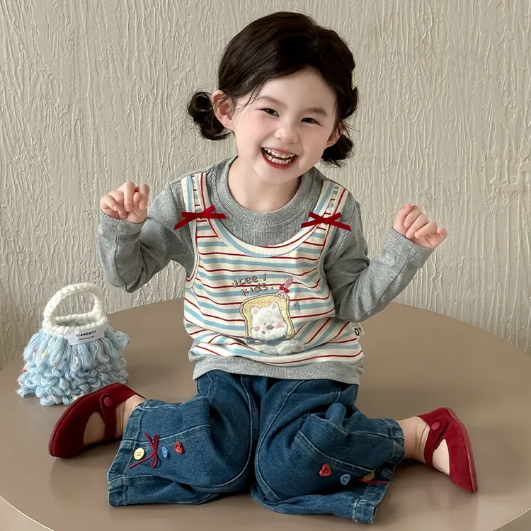 女童套装2025新款春秋冬季卡通女孩加绒牛仔裤儿童洋气宝宝两件套