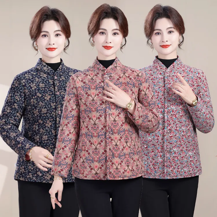 秋冬妈妈装棉袄加绒保暖中年女外套大码时尚上衣2025碎花棉衣