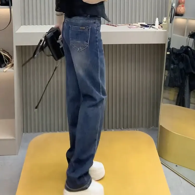 蓝色弹力窄版直筒牛仔裤女2025秋季梨形身材大码高腰修身显瘦长裤