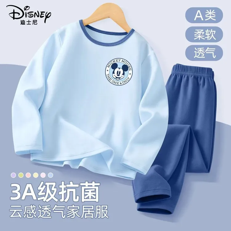迪士尼A类儿童保暖套装纯棉红色喜庆内衣套装儿童透气秋衣秋裤装