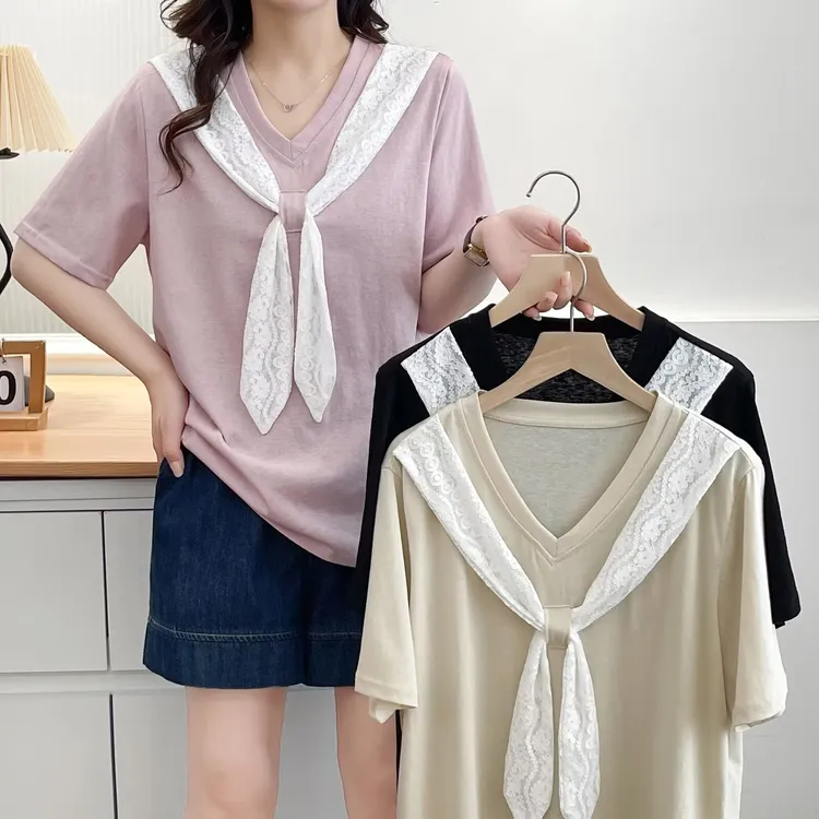 蕾丝V领常规短袖宽松型慵懒风T恤宽松系带韩版假两件