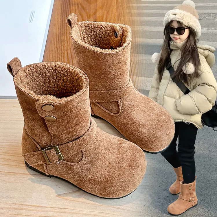 小黄鸭荣耀女童靴子二棉加绒勃肯马丁靴2025冬季新款儿童短筒棉靴