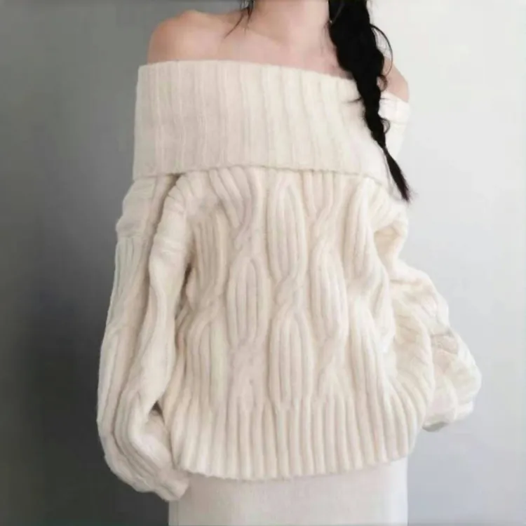 韩国2025秋冬甜美少女扭纹麻花露肩长袖一字肩慵懒风加厚毛衣