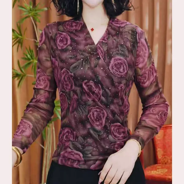 新款高弹力春秋款蕾丝网纱外穿长袖妈妈装女装内搭外穿小衫127