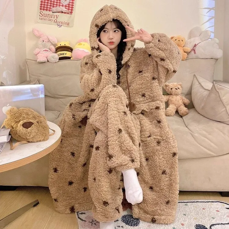 可爱珊瑚绒睡衣女冬季2025新款加绒厚连帽睡袍长款家居服套装春秋