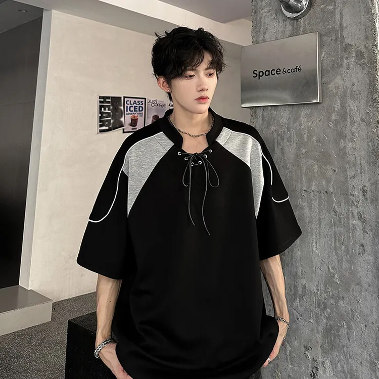美式立领系带短袖T恤男夏季潮牌拼接撞色五分袖宽松休闲半袖体恤