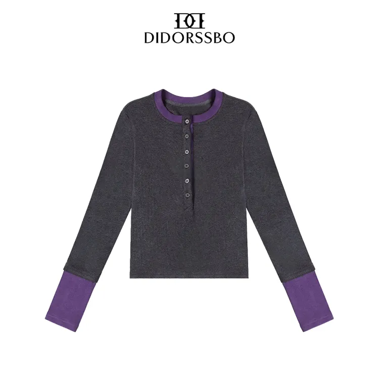 DIDORSSBO春季女款休闲时尚撞色半开衫小立领打底T恤上衣T5561