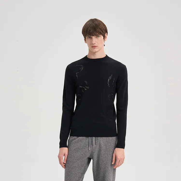 RARE威雅25秋冬黑色立体针织工艺结合烫钻设计山羊绒长袖毛衫