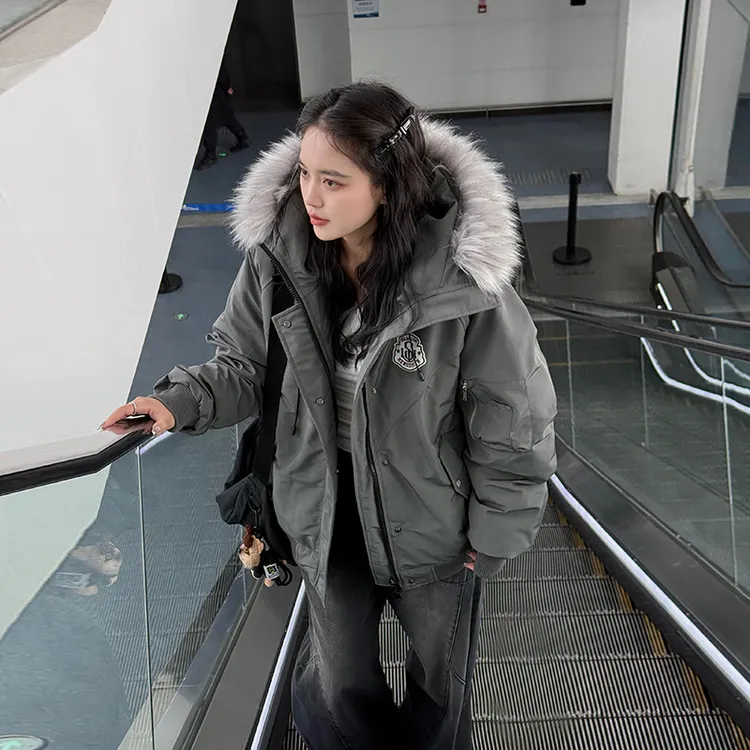 大毛领棉服女2025冬季新款派克韩版宽松棉衣加厚保暖棉袄外套