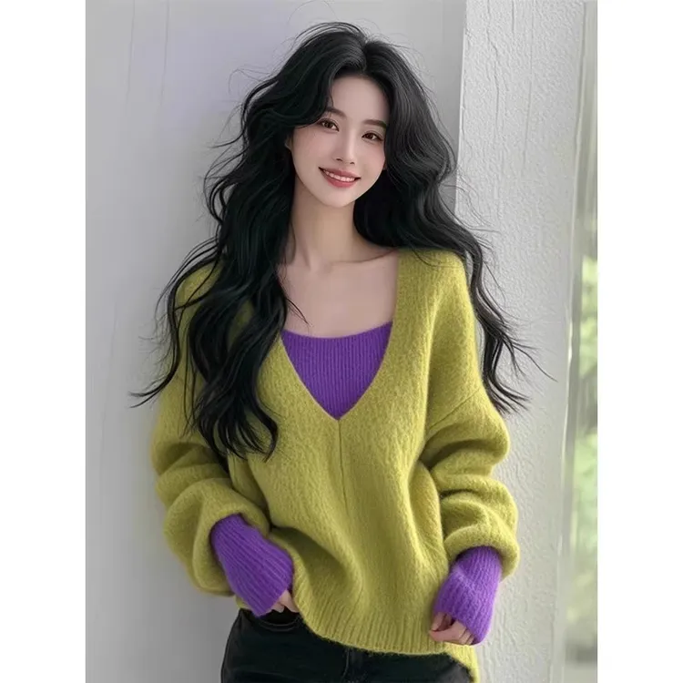 韩系拼接假两件针织毛衣女装2025秋冬季漂亮好看多巴胺针织衫上衣