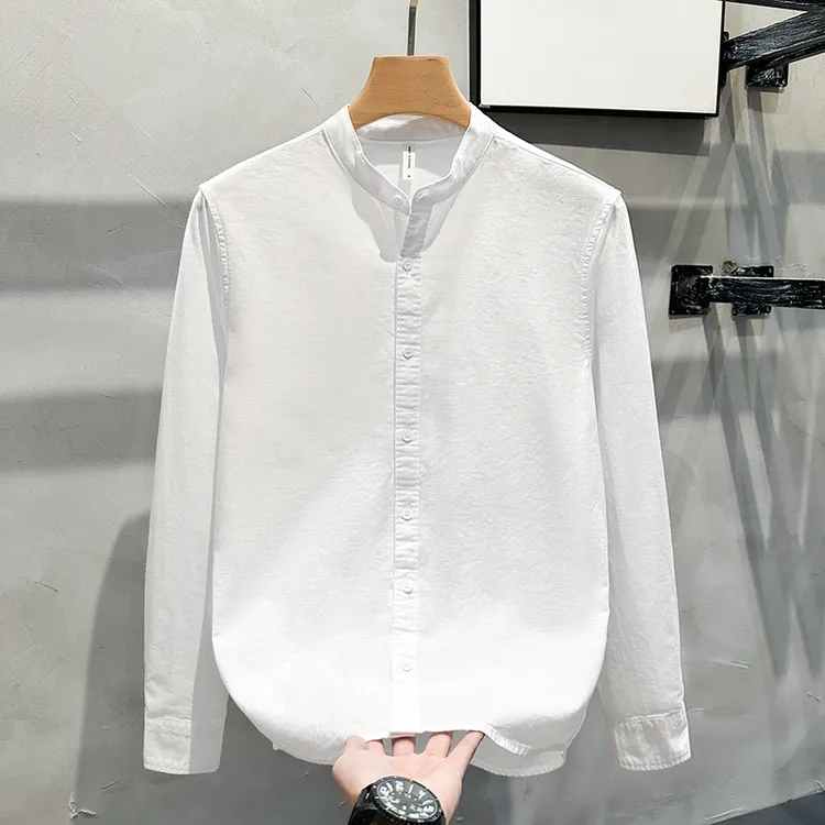 春秋季衬衫男长袖立领亚麻休闲文艺男装潮牌棉麻上衣立领白色衬衣