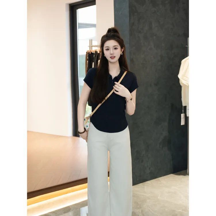 宿慕SUMU女款翻领时尚短袖T恤夏季2025新款褶皱百搭上衣休闲气质