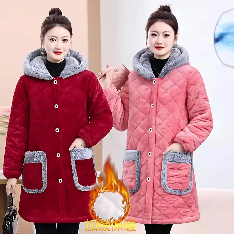 品牌撤柜冬季加厚衣中长款连帽洋气家居服服罩衣女装加绒保暖