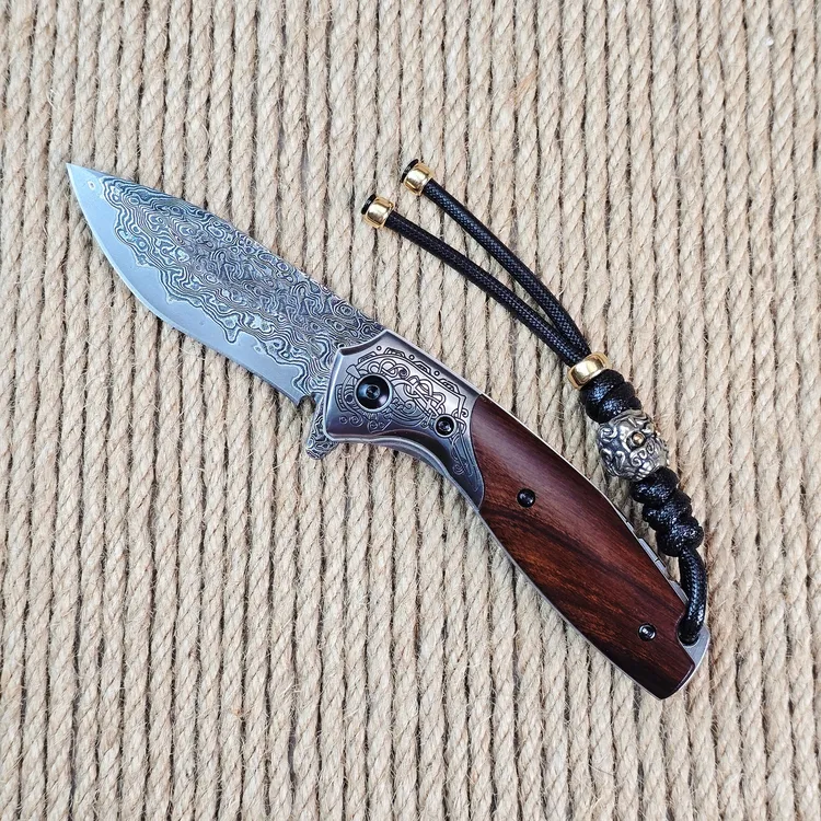 简师傅黄龙水果刀大马士革纯手工刀花纹家用削皮刀野营户外折叠刀