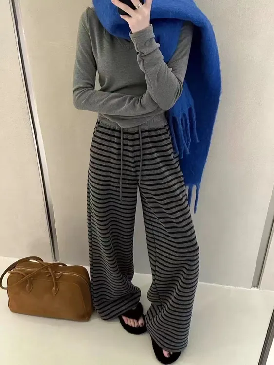 条纹阔腿裤女高腰显瘦宽松直筒慵懒风垂感长裤2025 春季新款
